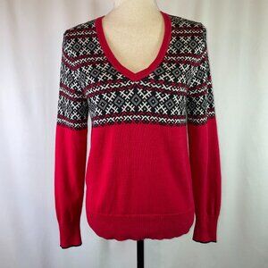 Tommy Hilfiger Fair Isle Cotton Sweater V Neck Red Black White Pullover